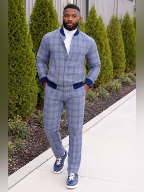 New Murano Men Blue Plaid Reversible Set / Jacket L / Pants 34x30 - Retail $250